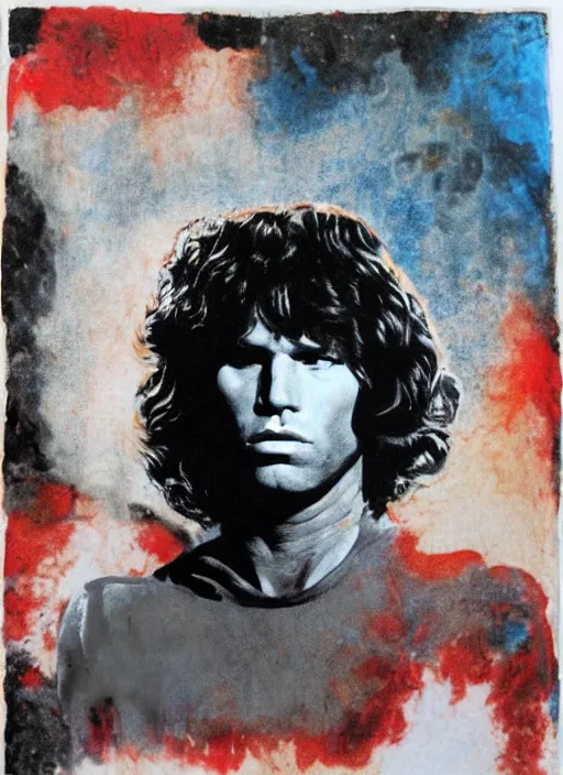 Image similar to Jim Morrison, The Doors, 1970's, Detailed, Mixed Media, Cream paper, black, red, cyan