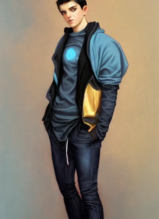 Image similar to androgynous young man with short black hair, light blue eyes, glowing, golden hour, wearing jeans and a black hoodie, realistic painting by ross tran and gerald brom and alphonse mucha, trending on artstation