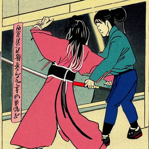 Image similar to Japanese schoolgirl runs away from Samurai with a katana on the subway by Toshio Saeki