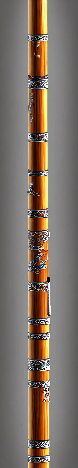 Image similar to single wooden long straight thin ninja fighting staff decorated with oriental ornaments, polished, weapon, highlight, vertical, centred, highly symmetric, sci - fi, fantasy, japan, dnd, close shot, bright uniform background, directional lighting, digital art, hyperrealism, award winning, 8 k, trending on art station