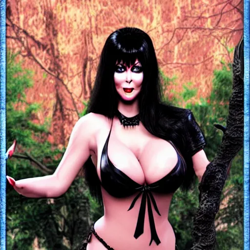 Image similar to Elvira, Mistress of the Dark, realistic render, photo pic by horrors