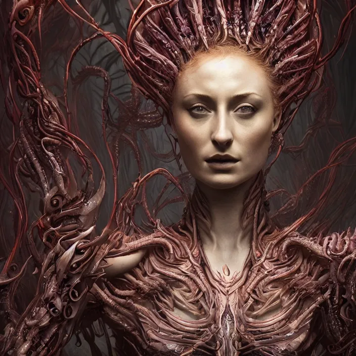 Image similar to portrait of Sophie Turner as Kerrigan Queen of Blades. intricate abstract. intricate artwork. nightmare fuel. by Tooth Wu, wlop, beeple, dan mumford. octane render, trending on artstation, greg rutkowski very coherent symmetrical artwork. cinematic, hyper realism, high detail, octane render, 8k, iridescent accents