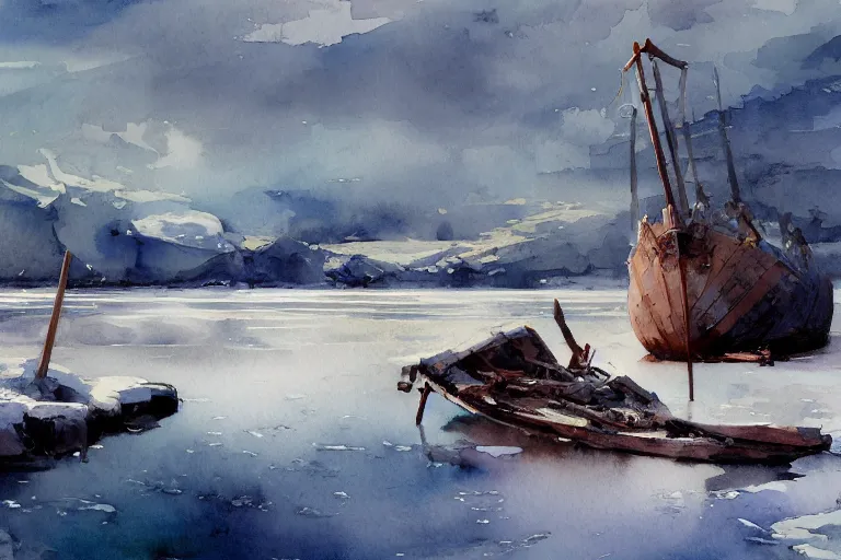 Prompt: small centered on watercolor paper, paint brush strokes, abstract watercolor painting of ancient viking wreck in frozen lake, daylight, blue sky, cinematic light, national romanticism by hans dahl, by jesper ejsing, by anders zorn, by greg rutkowski, by greg manchess, by tyler edlin