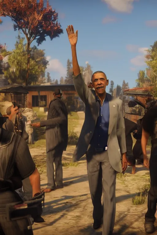 Image similar to obama doing an ok hand sign, cinematic, photoreal, by red dead redemption 2