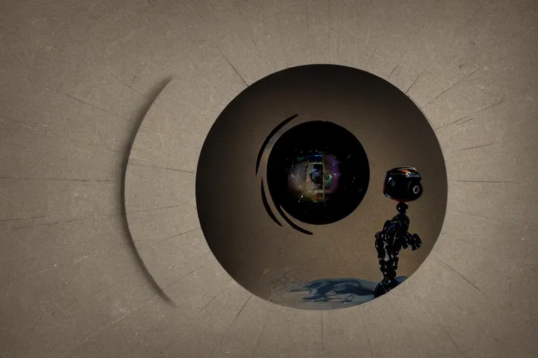 Prompt: a robot staring into a portal to multi - dimensional latent space wondering whether or not to leap in