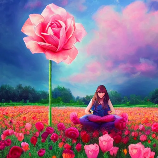 Image similar to giant rose flower head, full body girl sitting in a flower field, surreal photography, sunrise, dramatic light, impressionist painting, colorful clouds, digital painting, artstation, simon stalenhag