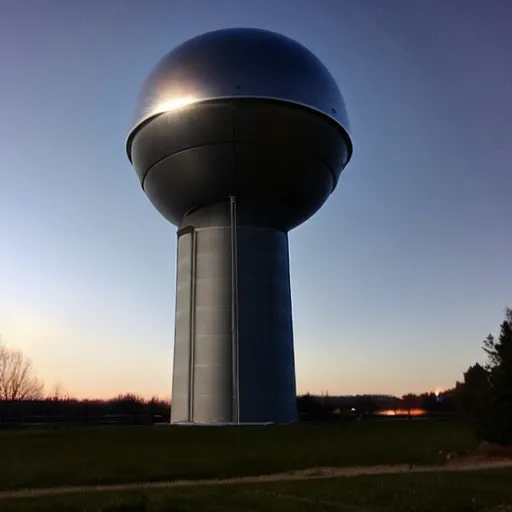 Image similar to a silver water tower. 1 0 feet behind the water tower is a reflective sphere. the sphere is 1 1 5 feet tall. the water tower is 5 0 feet tall. the water tower is 2 0 feet above the ground. the camera light is black. the ground is transparent. below the water tower is a small 6 0 % dim blue light.