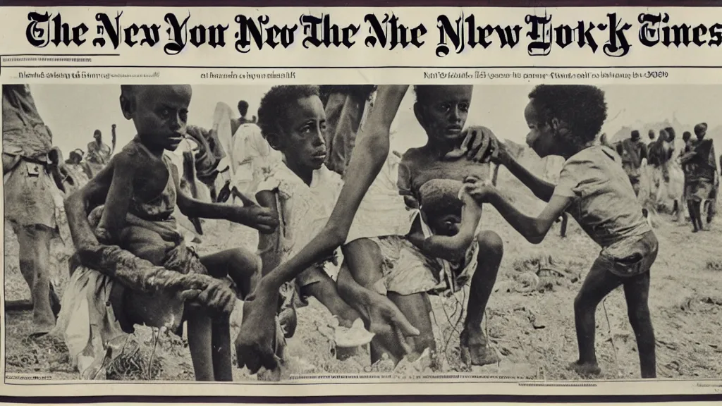 Prompt: 1 9 8 4 ethiopian famine, in the cover of new york times, 8 k