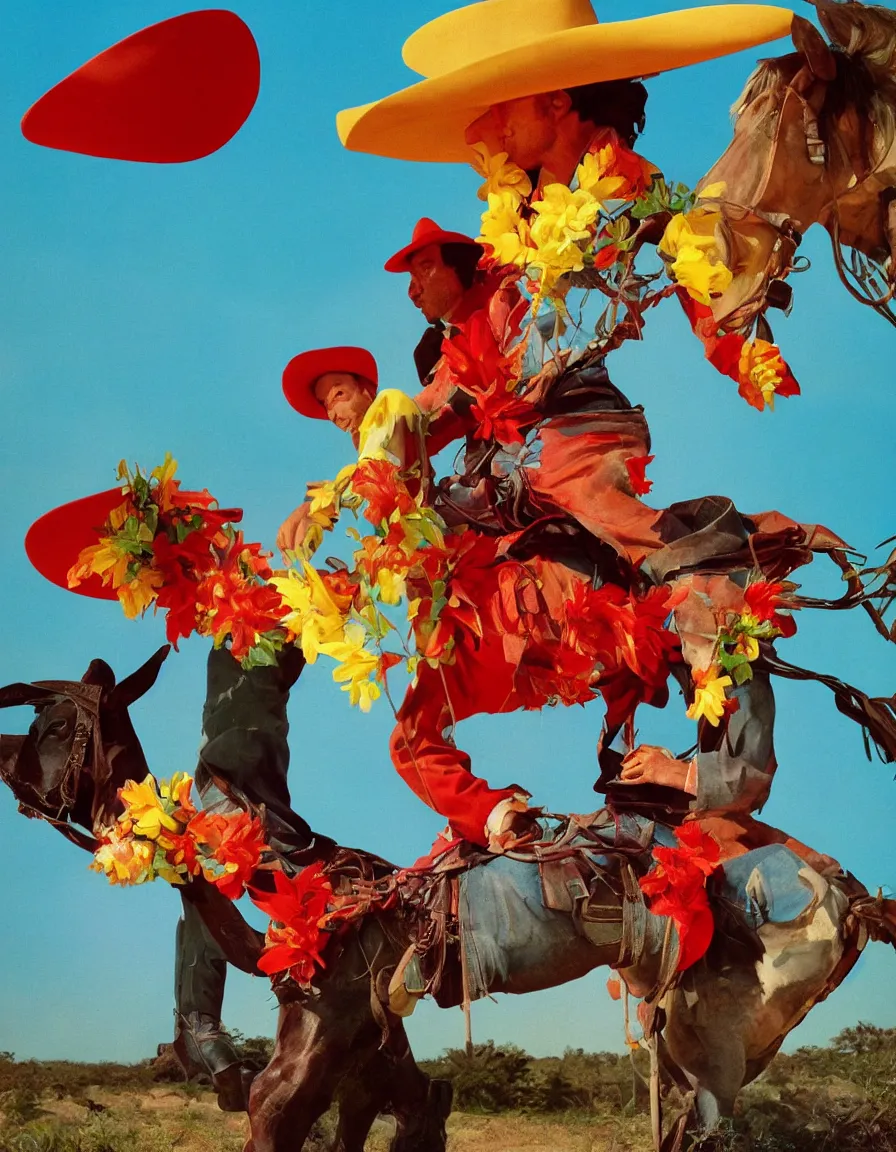 Image similar to a cowboy turning into blooms by slim aarons, by zhang kechun, by lynda benglis. tropical sea slugs, angular sharp tractor tires. complementary colors. warm soft volumetric light. national geographic. 8 k, rendered in octane, smooth gradients. manly cowboy riding by edward hopper and frank frazetta. red accents.