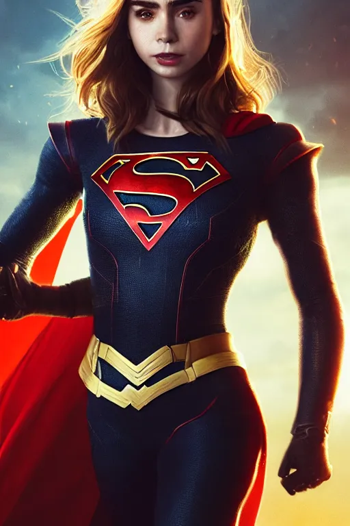 a fancy close up of Lily Collins as Supergirl full | Stable Diffusion