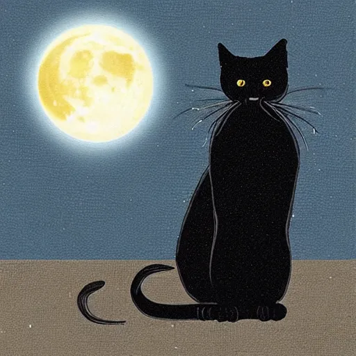 Image similar to “A black cat on top of a building at night with a full moon in the style of Vincent Van Vogh”