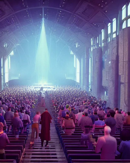 Prompt: unreal engine 5 render of a crowd in a futuristic church by craig mullins and ghibli, strong contrast, priest, pews, ethereal, inviting, bright, raking light, hyper realism, realistic shading, cinematic composition, blender render, octane render, hdr, detailed textures, photorealistic, wide shot