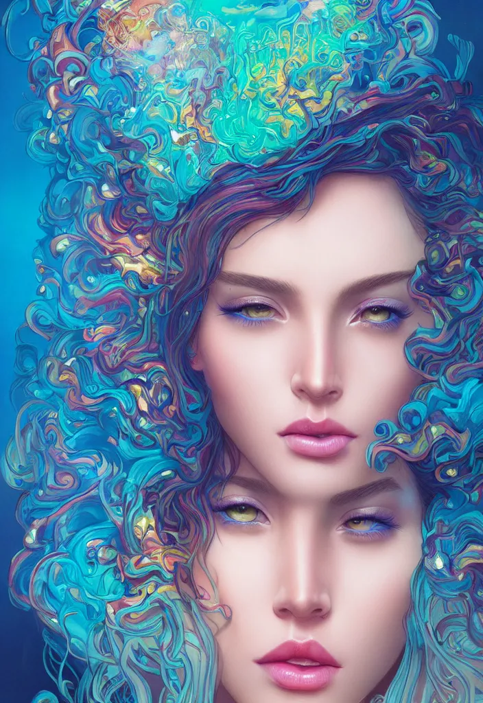 Prompt: beautiful, young woman, detailed gorgeous face, vaporwave aesthetic, synthwave, colorful, psychedelic, crown, water drops and feathers, artstation, concept art, smooth, extremely sharp detail, finely tuned detail, ultra high definition, 8 k, unreal engine 5, ultra sharp focus, illustration, art by artgerm and greg rutkowski and alphonse mucha
