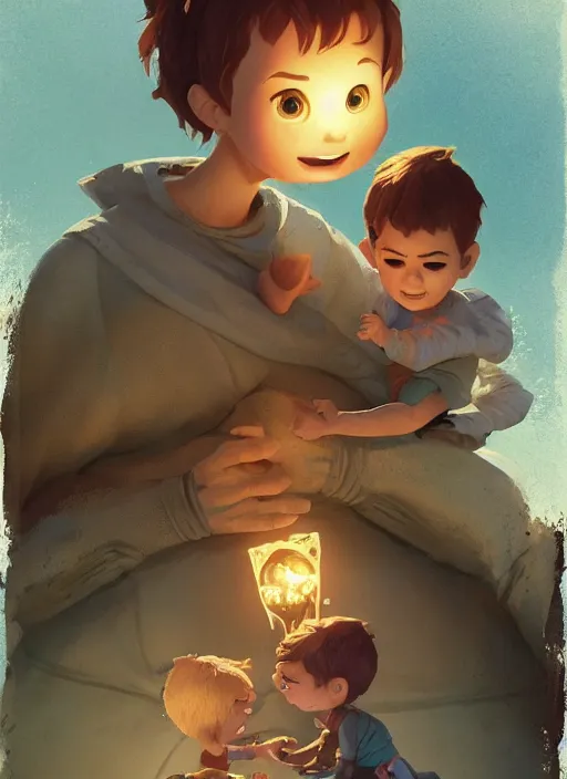 Prompt: a cute mother fostering her two sons in an adventure movie by nuri iyem, james gurney, james jean, greg rutkowski, anato finnstark. pixar. hyper detailed, 5 0 mm, award winning photography