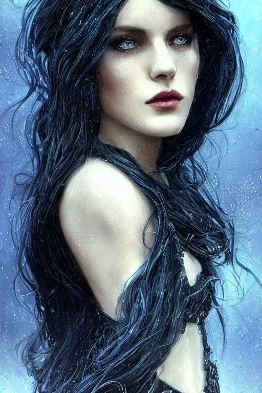 Prompt: a beautiful woman with long black hair, blue eyes, fantasy, intricate, elegant, dramatic lighting, gorgeous face, black leather jacket, highly detailed, lifelike, photorealistic, digital painting, artstation, illustration, concept art, smooth, sharp focus, art by John Collier and Albert Aublet and Krenz Cushart and Artem Demura and Alphonse Mucha