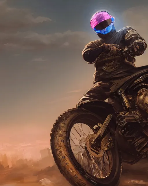 Image similar to beautiful blonde teenage boy wearing cyberpunk intricate streetwear riding dirt bike, beautiful, detailed portrait, cell shaded, 4 k, concept art, by wlop, ilya kuvshinov, artgerm, krenz cushart, greg rutkowski, pixiv. cinematic dramatic atmosphere, sharp focus, volumetric lighting, cinematic lighting, studio quality