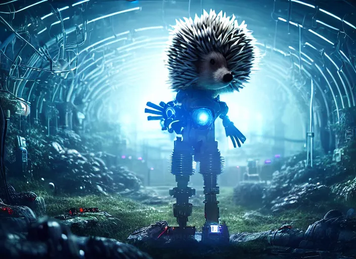 Image similar to portrait of a cyborg hedgehog, on the background of a weird magical mechanical forest. Very detailed 8k. Fantasy cyberpunk horror. Sharp. Cinematic post-processing. Unreal engine. Nanite. Ray tracing. Parallax. Tessellation