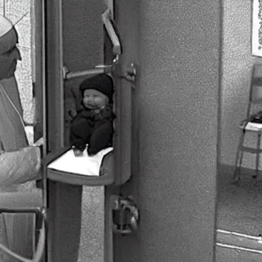 Image similar to the pope caught stealing a baby in cctv security footage black and white