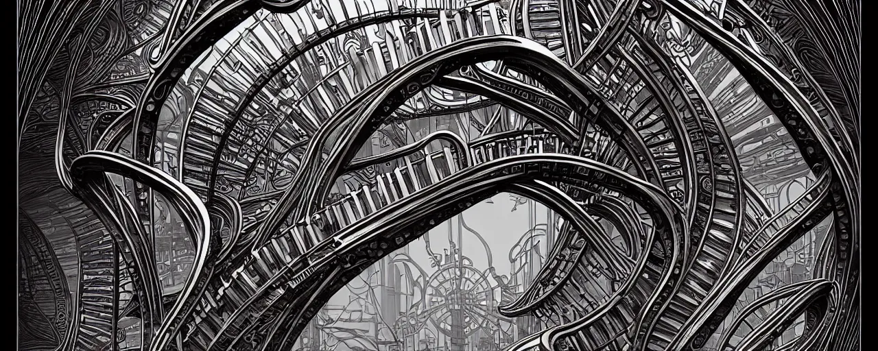 Prompt: a double helix dna cyberpunk steampunk stone carved archway, art deco high details, lineart, by vincent di fate and joe fenton, inking, screen print, masterpiece, trending on artstation, sharp, high contrast, hyper - detailed, ultrawide, hd, 4 k, 8 k