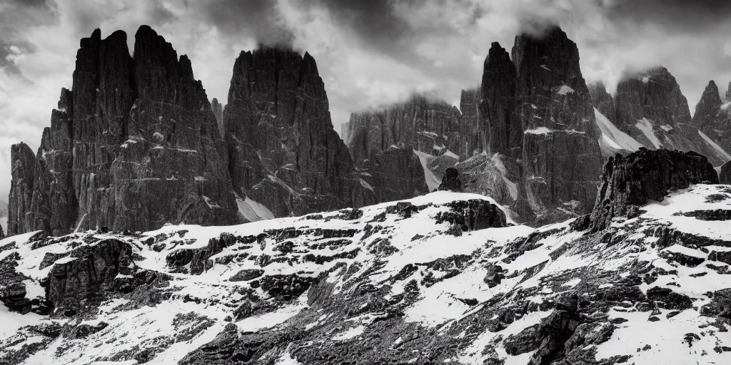 Image similar to 1920s photography expedition meets the god of the dolomites, dark, eerie