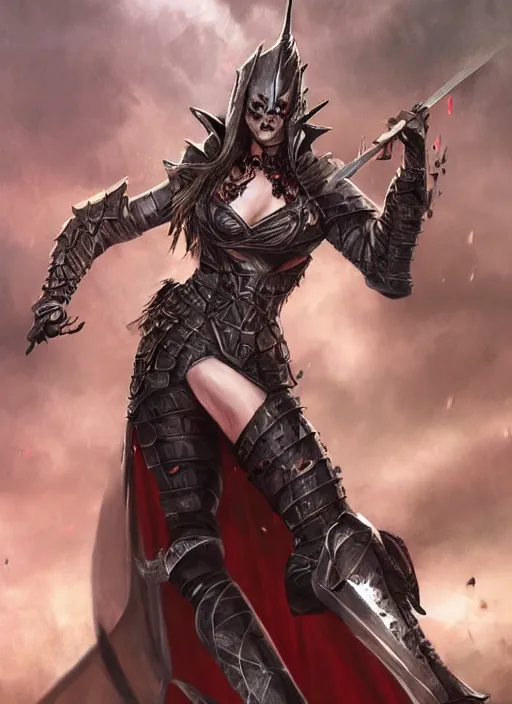 Image similar to dnd art, female vampire warrior, no shoes, barefoot, exposed toes, nail polish, black full plate armor, historical armor, realistic armor, muscular, covered chest, full body portrait, carnival mask, giant two - handed sword dripping blood, flying, grinning, realistic.