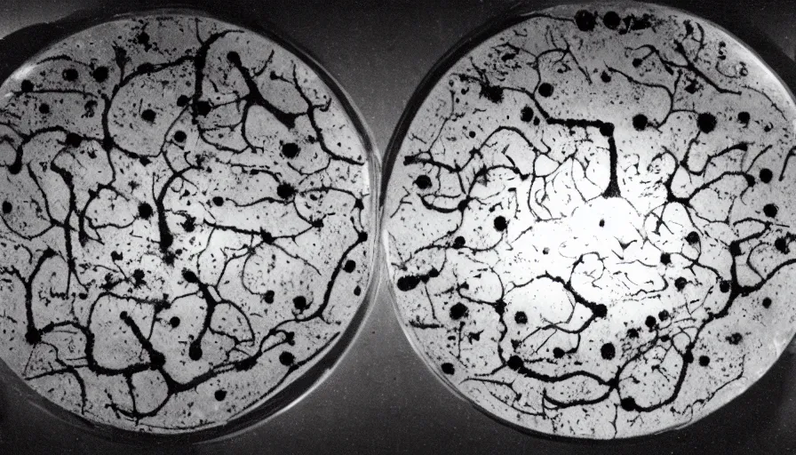 Image similar to bacterial growth in a giant petri dish, by santiago ramon y cajal, cinematic lighting, establishing shot