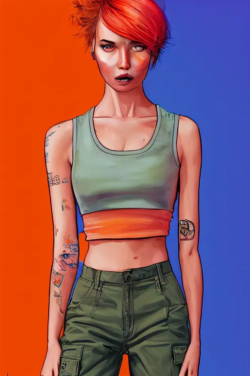 Image similar to a award winning half body portrait of a beautiful caucasian woman in a croptop and cargo pants with ombre orange blue teal hairstyle with head in motion and hair flying by martine johanna and will eisner, outrun, vaporware, digital art, trending on artstation, highly detailed, fine detail, intricate