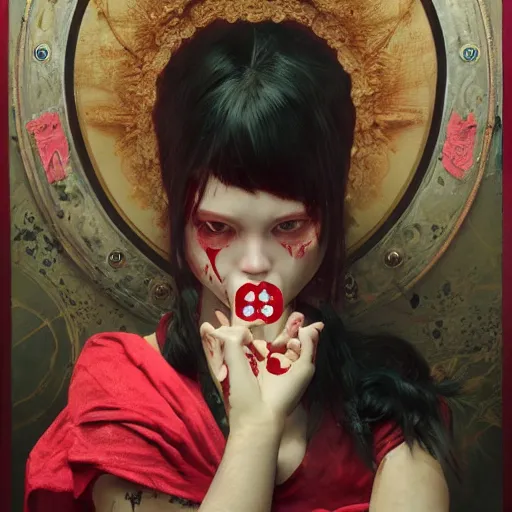 Image similar to portrait painting of a bloodied hello kitty serial killer, ultra realistic, concept art, intricate details, eerie, highly detailed, photorealistic, octane render, 8 k, unreal engine. art by artgerm and greg rutkowski and alphonse mucha