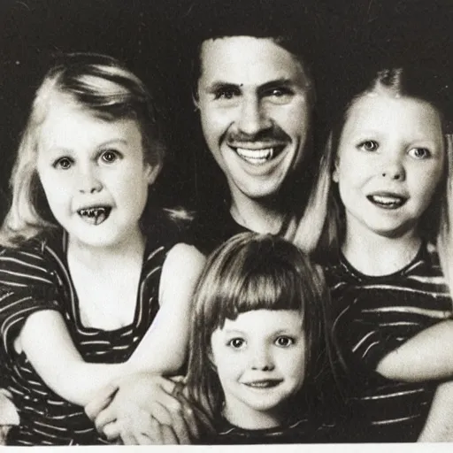 Prompt: creepy family photo, googly eyes, teeth, photo from the 80s