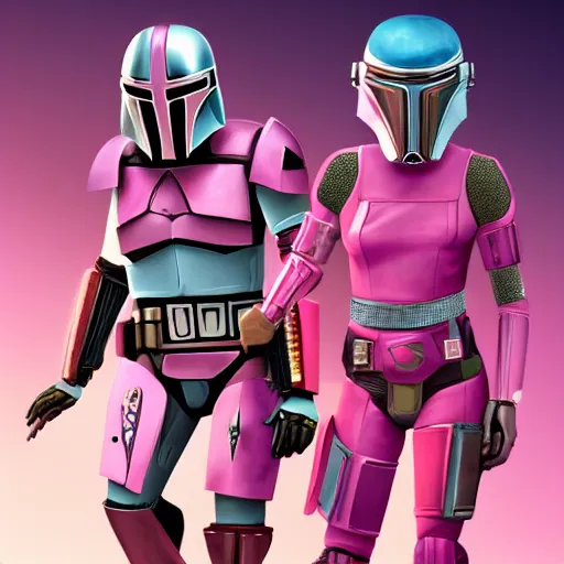 Image similar to bo katan, koska reeves, and a very fancy female mandalorian in a pink suit and bedazzled helmet. digital art. photo realistic. 4 k. intricate. detailed. by krenz cush art simon fetscher.