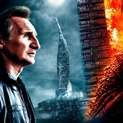 Prompt: liam neeson versus godzilla, movie poster, profile angle, high quality, realistic, head to head