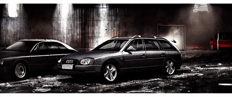 Prompt: Audi A4 B6 Avant (2002), a gritty neo-noir, dramatic lighting, cinematic, eerie person, death, homicide, homicide in the snow, viscera splattered, gunshots, bullet holes, establishing shot, extremely high detail, photorealistic, raging fire at a warehouse, arson, cinematic lighting, artstation, by simon stalenhag, Max Payne (PC) (2001) winter New York at night, In the style of Max Payne 1 graphic novel, flashing lights, Poets of the Fall - Late Goodbye