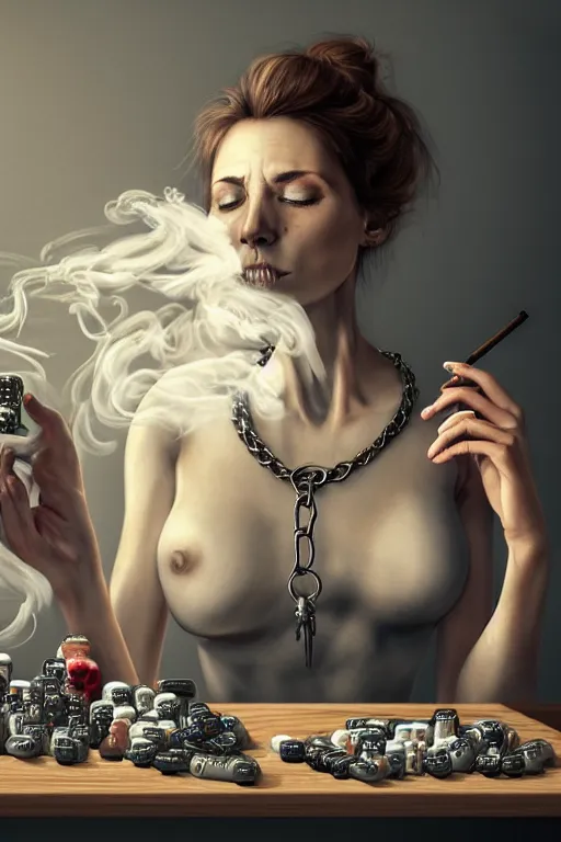 Prompt: beutifull and very tired woman. Woman is looking pile Off pills, drugs, cigarrette boxes and a skull on a wooden table, skull made out of smoke coming out of pills, fantasy, intricate, elegant, highly detailed, digital painting, artstation, concept art, addiction, chains, smooth, sharp focus, illustration, art by Ilja Repin