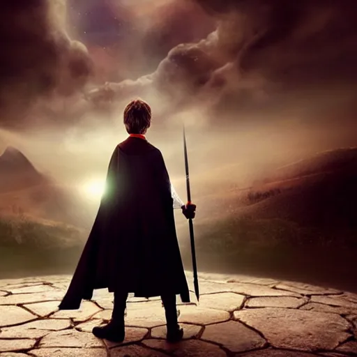 Image similar to Harry potter standing and holding a short wand, magic aura, side view, thunderclouds, cinematic shot, wide shot, epic scale, waving robe movement, photorealistic detail and quality, intricate ground stone, magical sigils, floating particle effects, movie still, nighttime, crescent moon, sharp and clear, action shot, intense scene, visually coherent, symmetry, rule of thirds, movement, photorealistic colors, cool colors transitioning to warm colors, modest tone, award winning, directed by Steven Spielberg, Christopher Nolan, Tooth Wu, Asher Duran, artstation