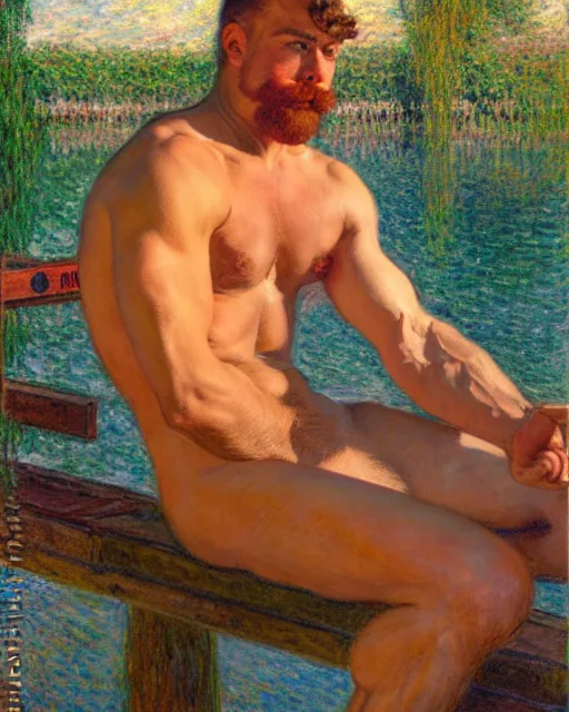 Prompt: muscular postman sitting on a dock on a lake, sunlight shining on his skin, reflective water, painting by tom of finland, gaston bussiere, craig mullins, j. c. leyendecker, claude monet