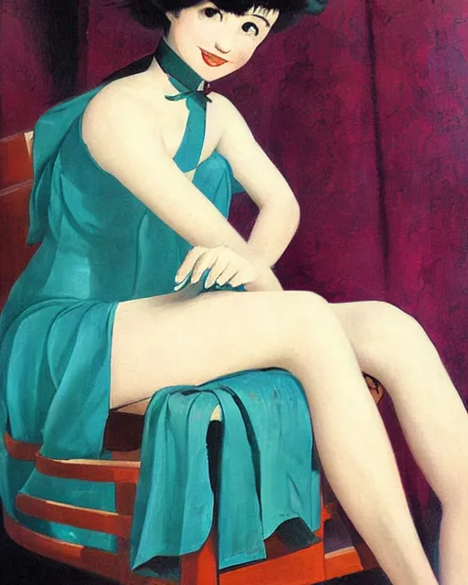 Image similar to A very beautiful painting of hatsune Miku sitting on the chair by Enoch Bolles and Gil Elvgren