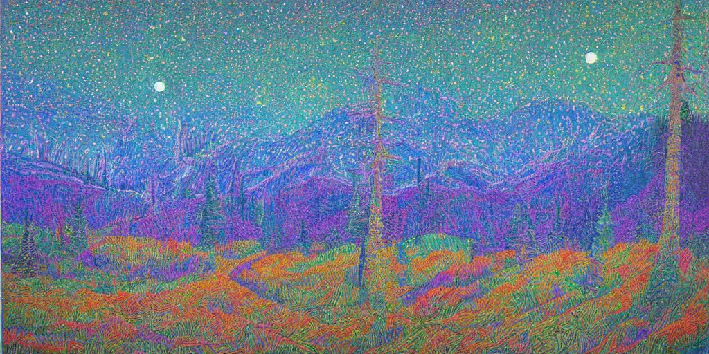 Prompt: 🌲🌌, pointalism, acrylic on canvas, expressionism movement, breathtaking detailed, by blake neubert