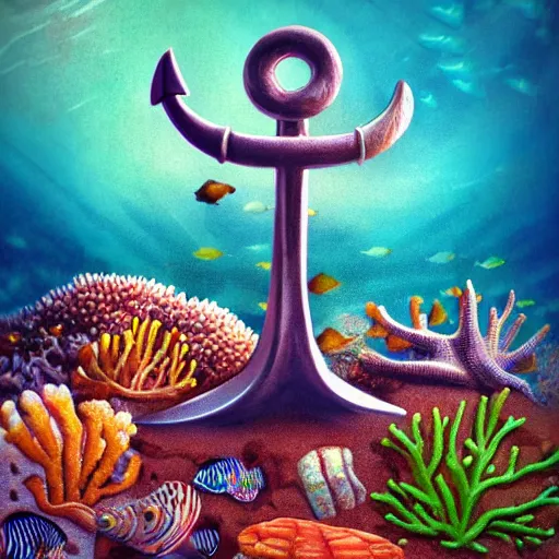 Image similar to an anchor in the sand near a coral reef surrounded by sea creatures, concept art, highly detailed, high quality, bright colors