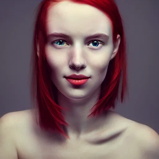 Image similar to a fantastic portrait photograph of a smiling girl with red hair and green eyes by Alessio Albi, symmetrical face, artstation, deviantart, hyperrealism