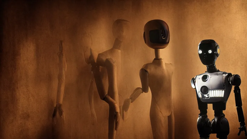 Prompt: movie scene of young boy with a robot head, android, humanoid robot, half human half robot, movie still, cinematic composition, cinematic light, by David Lynch