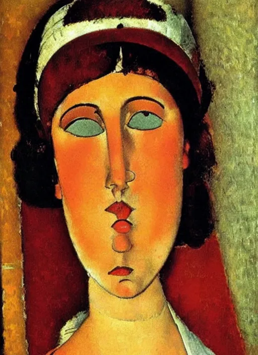 Image similar to portrait of young woman in renaissance dress and renaissance headdress, art by amedeo modigliani