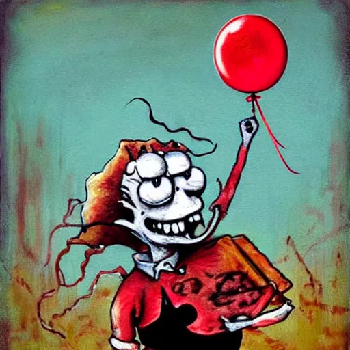 Image similar to grunge painting of spongebob with a wide smile and a red balloon by chris leib, loony toons style, pennywise style, corpse bride style, horror theme, detailed, elegant, intricate