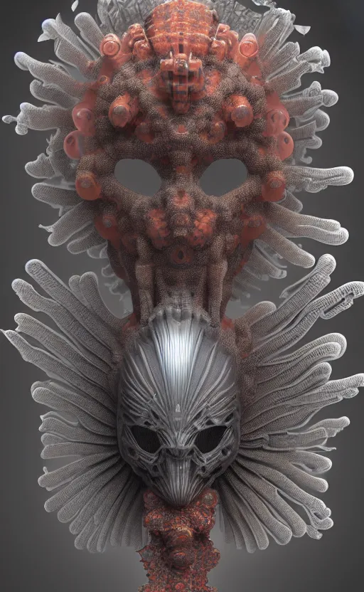 Image similar to armored angel intricate mask, eagle coral, jelly fish, mandelbulb 3 d, fractal flame, octane render, cyborg, biomechanical, futuristic, by ernst haeckel