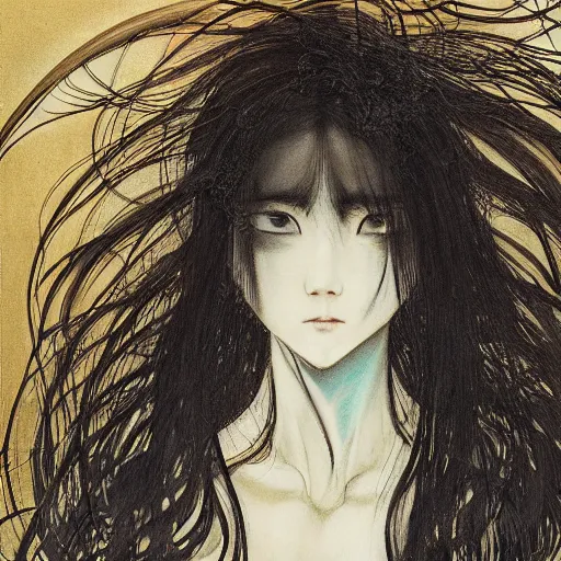 Prompt: yoshitaka amano blurred and dreamy realistic illustration of a young japanese woman with black eyes, wavy white hair fluttering in the wind wearing elden ring armor with engraving, abstract patterns in the background, satoshi kon anime, noisy film grain effect, highly detailed, renaissance oil painting, weird portrait angle, blurred lost edges, three quarter view