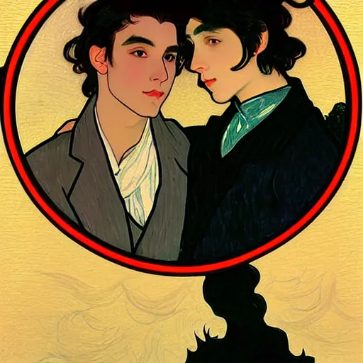 Image similar to painting of young cute handsome beautiful dark medium wavy hair man in his 2 0 s named shadow taehyung and cute handsome beautiful min - jun together at the halloween! party, bubbling cauldron!, candles!, smoke, autumn! colors, elegant, wearing suits!, clothes!, delicate facial features, art by alphonse mucha, vincent van gogh, egon schiele