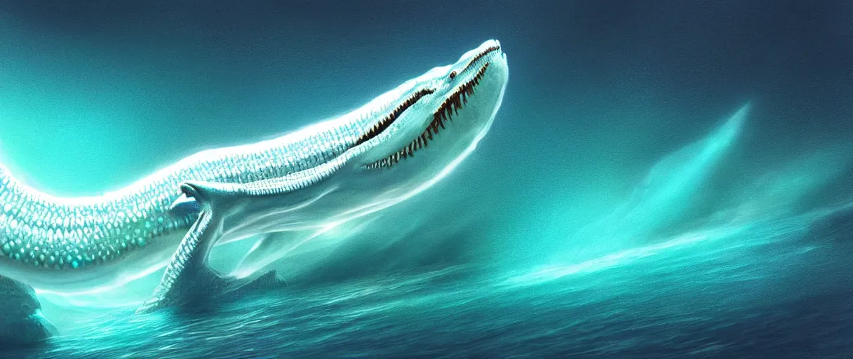 Image similar to hyperrealistic very intricate pearlescent white leviathan swallowing the earth digital painting concept art james white cinematic soft glow teal lighting high angle hd 8k sharp shallow depth of field