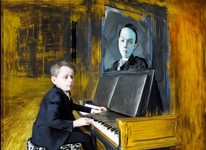 Image similar to portrait of a child piano player in suit waiting, vincent lefevre and hernan bas and pat steir and hilma af klint, psychological, photorealistic, dripping paint, washy brush, rendered in octane, altermodern, masterpiece