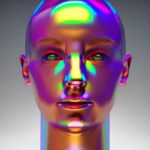 Image similar to 3d render of holographic human robotic head made of glossy iridescent, surrealistic 3d illustration of a human face non-binary, non binary model, 3d model human, cryengine, made of holographic texture, holographic material, holographic rainbow, concept of cyborg and artificial intelligence