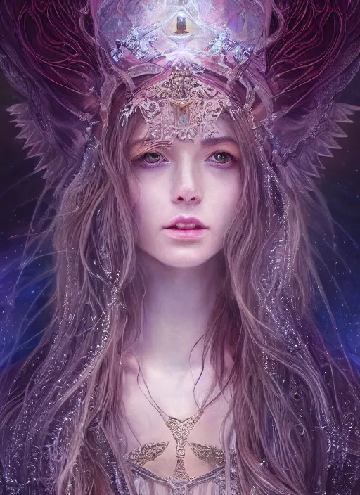 Image similar to a photographic portrait of a esoteric goddess created out of starlight and mist, cinematic, volumetric lighting, beautiful fantasy, intricate, elegant, highly detailed, digital painting, artstation, concept art, smooth, sharp focus, illustration, art by ayami kojima, artgerm and h r giger and alphonse mucha