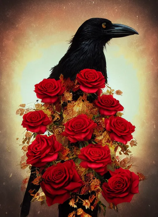 Image similar to red and golden color details, portrait, A healthy and proud crow with red eyes in front of the full big moon, book cover, red roses, red white black colors, establishing shot, extremly high detail, foto realistic, cinematic lighting, by Yoshitaka Amano, Ruan Jia, Kentaro Miura, Artgerm, post processed, concept art, artstation, raphael lacoste, alex ross, portrait, A crow with red eyes in front of the full big moon, book cover, red roses, red white black colors, establishing shot, extremly high detail, photo-realistic, cinematic lighting, by Yoshitaka Amano, Ruan Jia, Kentaro Miura, Artgerm, post processed, concept art, artstation, raphael lacoste, alex ross